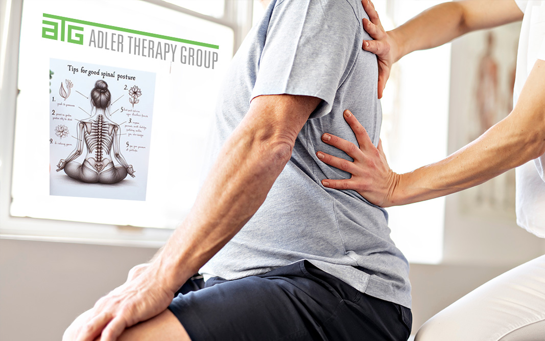 Picture of a man balancing on an inflated ball, with therapist coaching proper spinal alignment.