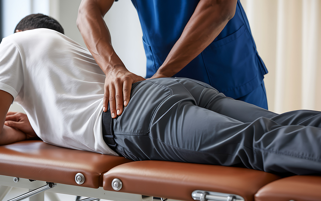Physical therapist performing manual therapy on hip to relieve pain and improve mobility in Chesapeake VA