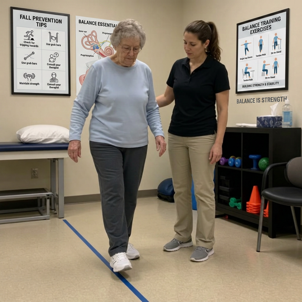 Patient performing a balance exercise with a physical therapist during balance and fall prevention therapy.