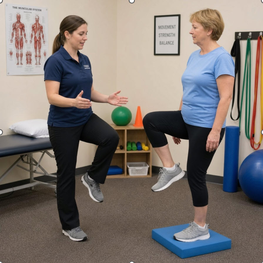 Patient practicing a single-leg balance exercise on a foam pad during physical therapy for balance and fall prevention.