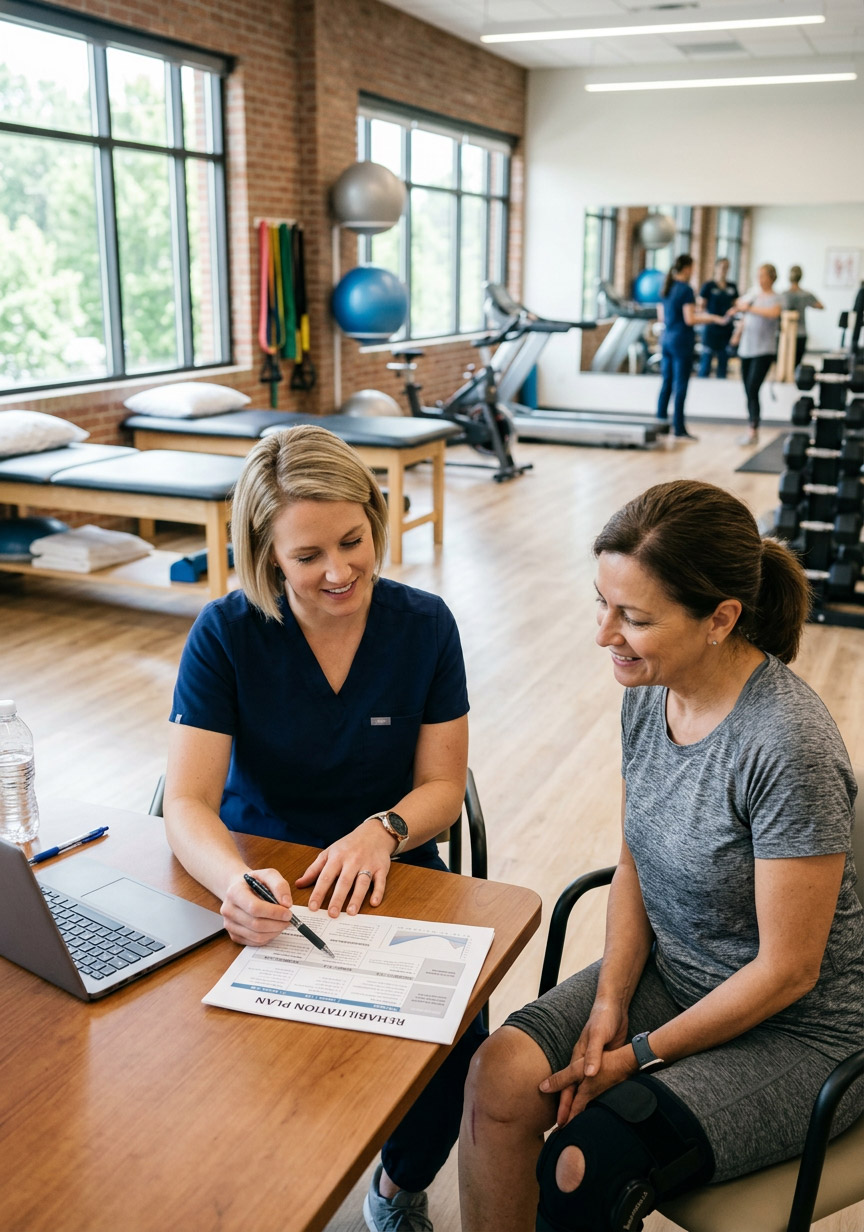 Physical therapist reviewing a personalized post-surgical rehabilitation plan with a patient during a recovery evaluation session
