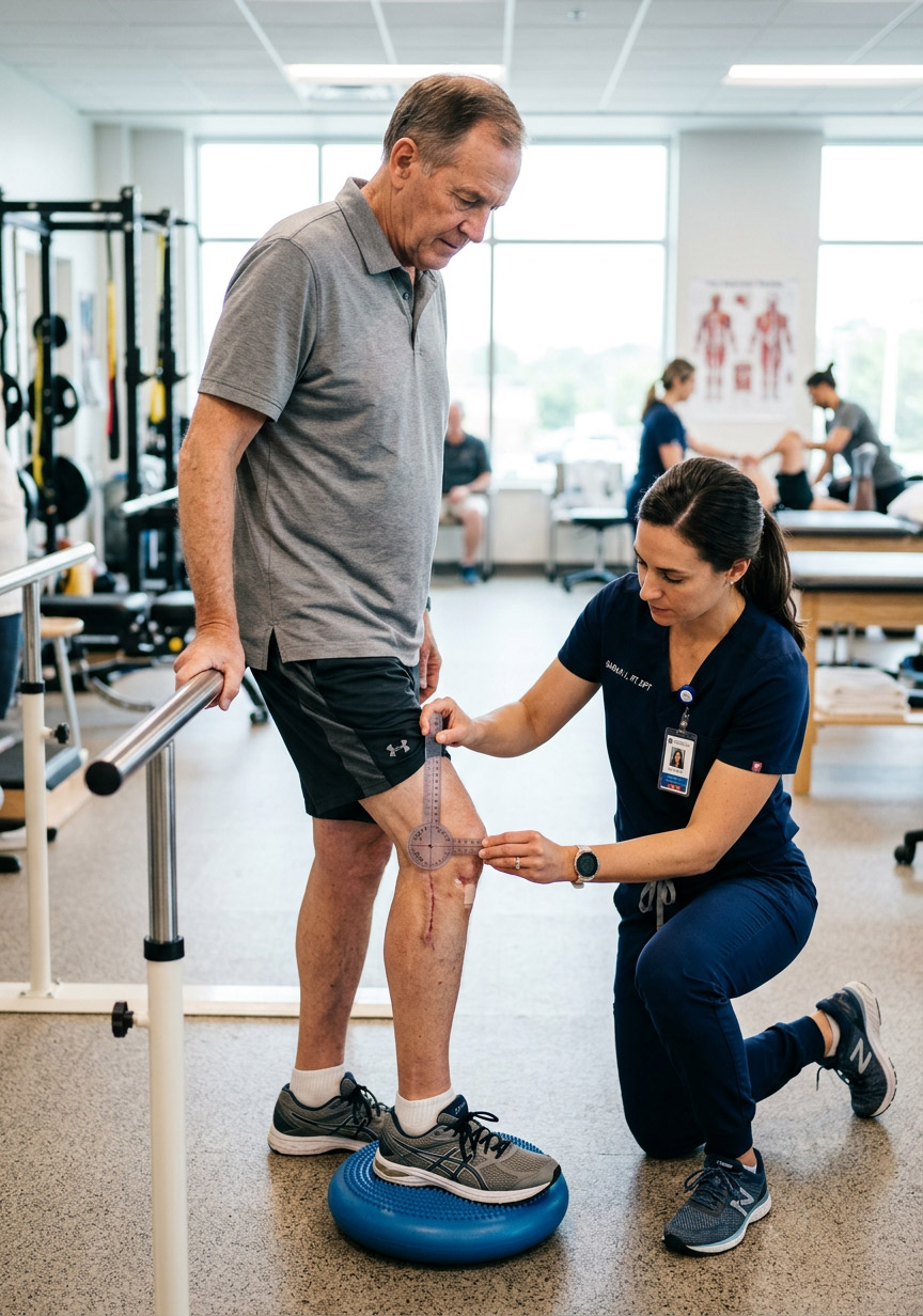 Physical therapist measuring knee range of motion with a goniometer during post-surgical rehabilitation.