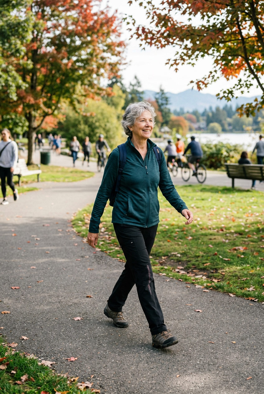 Patient walking confidently outdoors after post-surgical rehabilitation and recovery